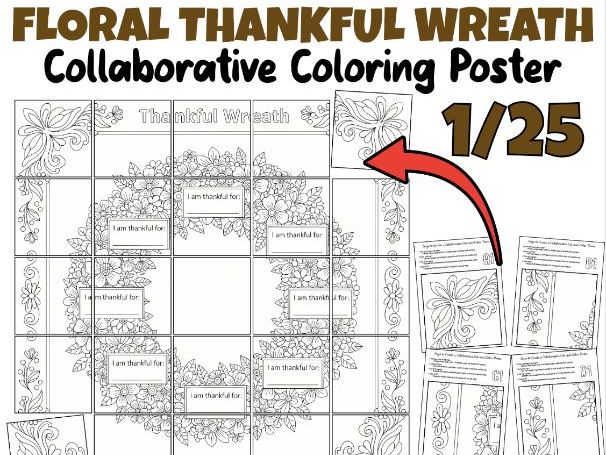 Floral Thankful Wreath Collaborative Coloring Poster | Fall Gratitude Activity