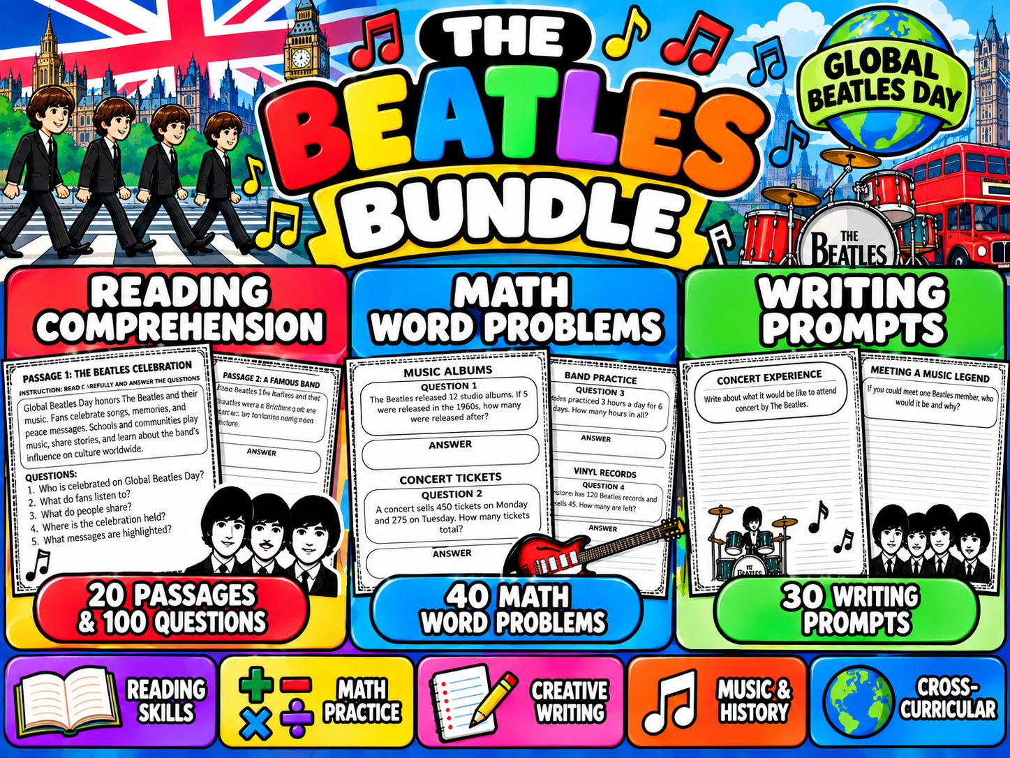 The Beatles Bundle | Reading Comprehension, Math Word Problems & Writing Activities