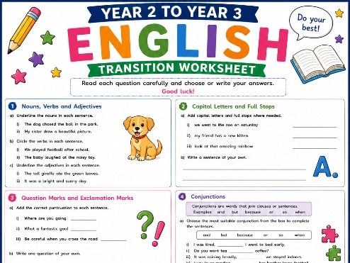 Year 2 to Year 3 English Transition Worksheet | Grammar, Punctuation & Spelling Revision |