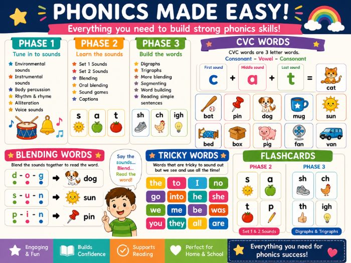 Complete Phonics Classroom Bundle - Phase 1–3, CVC Words, Tricky Words & Flashcards - Early Years