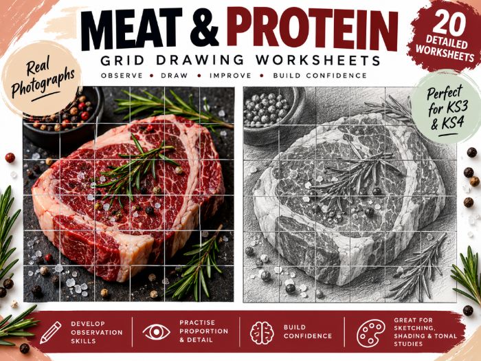 Meat & Protein Grid Drawing Worksheets | 20 Food Photography Drawing Activities | KS3 & KS4 Art
