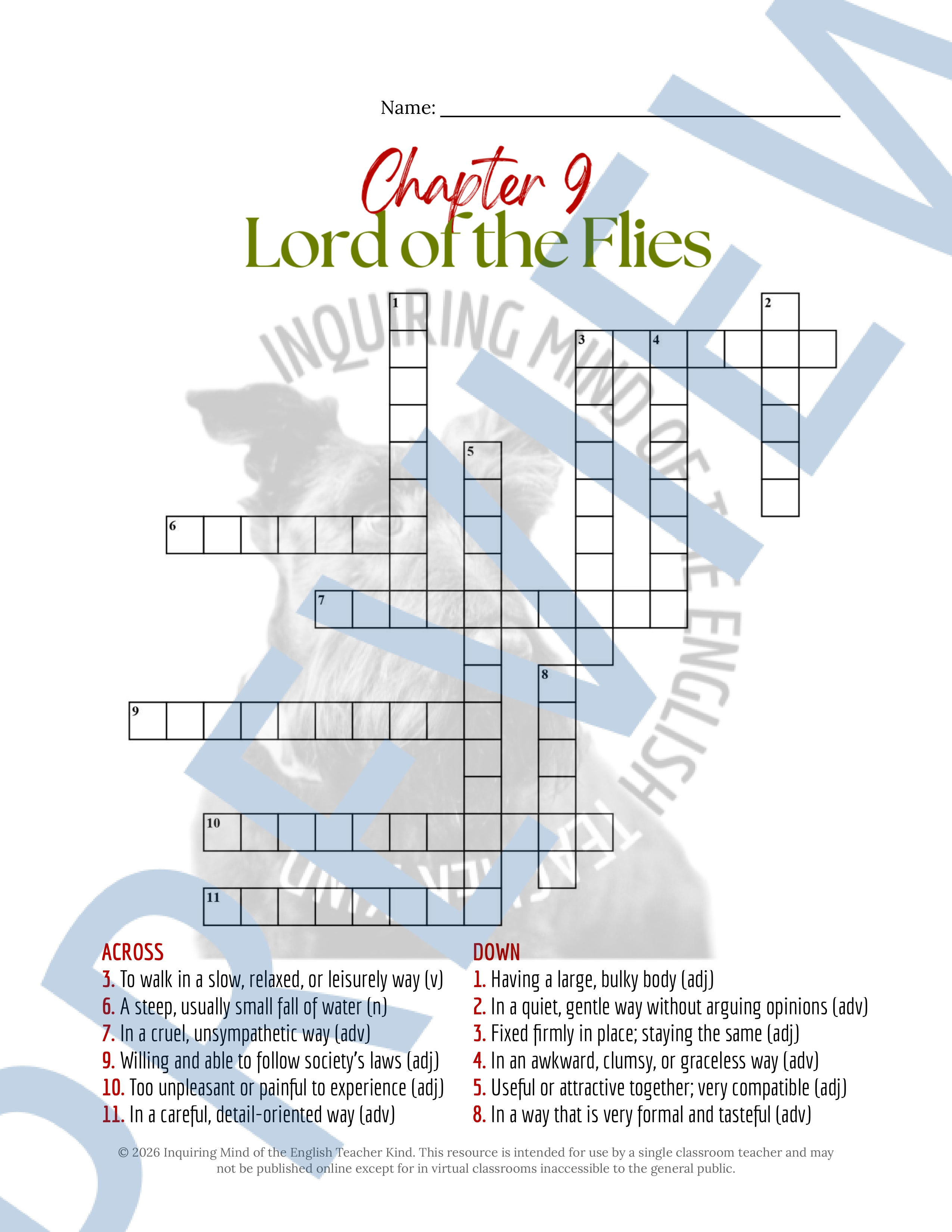 Lord of the Flies Chapter 9 Vocabulary Games | Crossword Puzzle | Word ...
