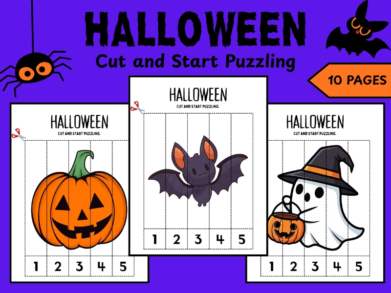 Spooky Fun! Halloween Cut and Start Puzzling - 10 Printable Worksheets
