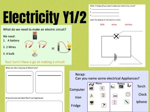KS1 Y1 Y2 Electricity lesson Powerpoint and worksheet- electric circuit bulb, battery mains