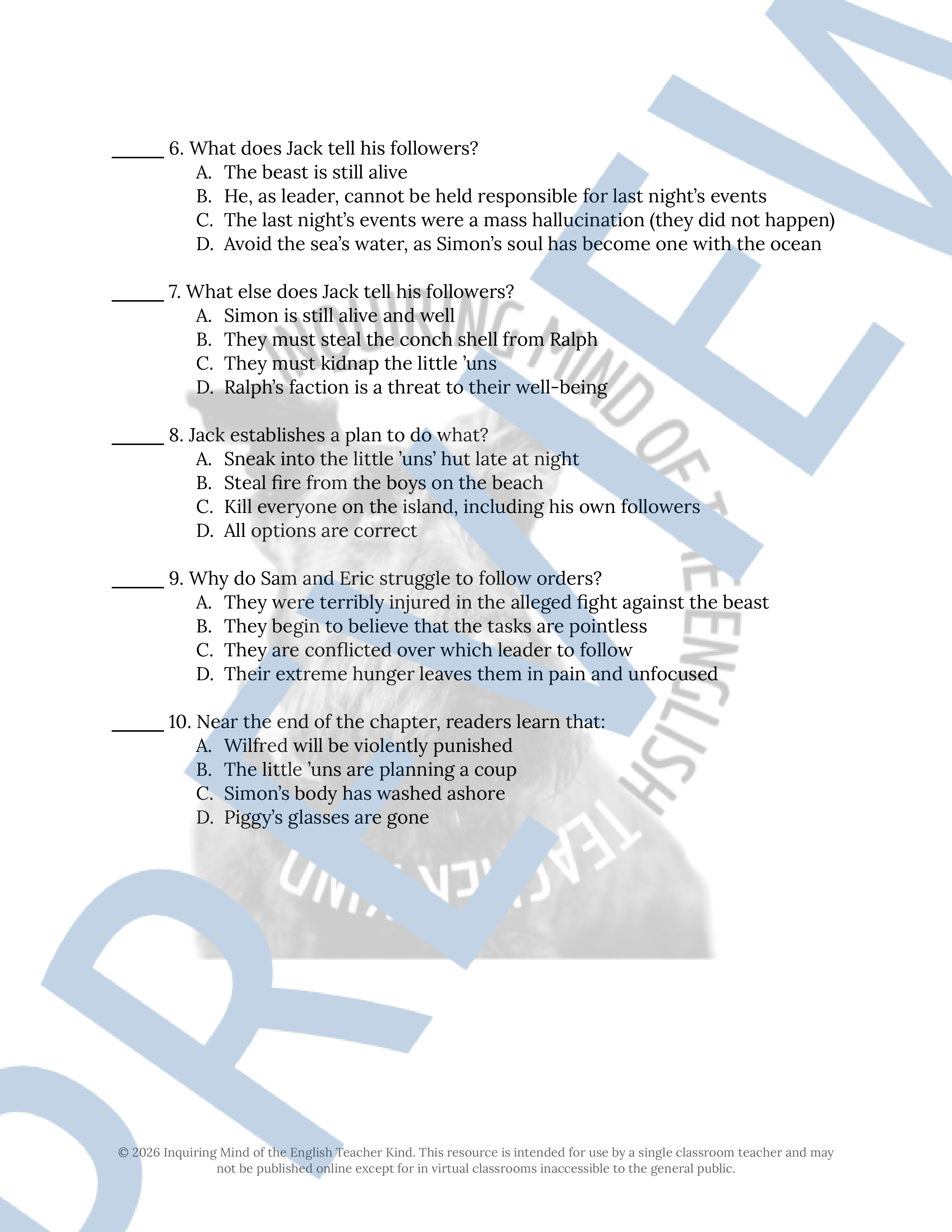 Lord of the Flies Chapter 10 Quiz and Answer Key | Guided Reading ...