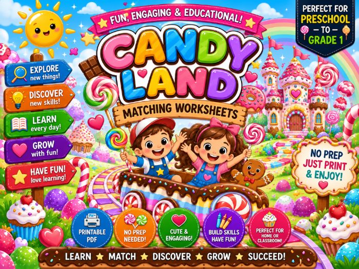 Candy Land Matching Worksheets | Preschool Kindergarten 1st Grade Math & Literacy