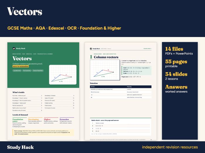 GCSE Maths Vectors Pack: Column Vectors to Vector Proof (Foundation and Higher)