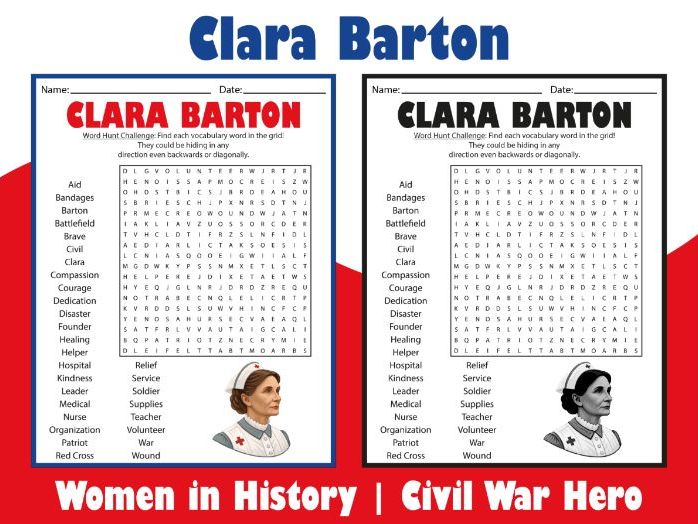 Clara Barton Word Search | Women in History | Civil War Hero Activity