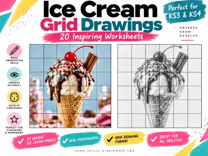 Ice Cream Grid Drawing Worksheets | 20 Food Art Activities | 6×6 Grid Drawing | KS3 & KS4 Art