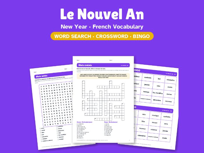 New Year in French: Word Search, Crossword & Bingo