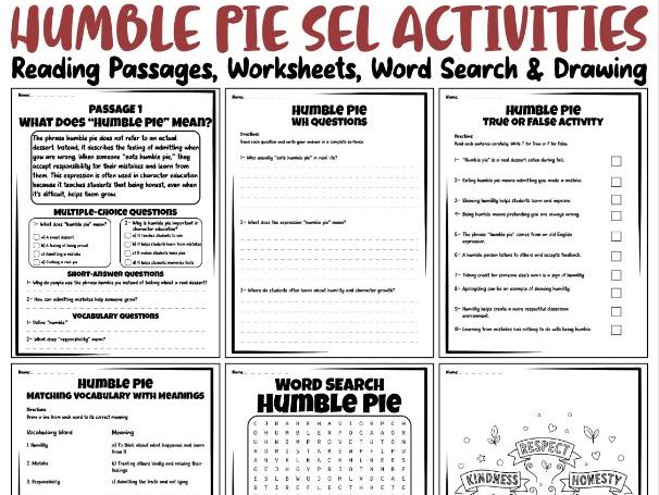 Humble Pie SEL Activities: Reading Passages, Worksheets, Word Search & Drawing