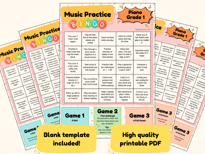 Grade 1 Piano Practice Bingo: 25 Challenges to Motivate Beginners