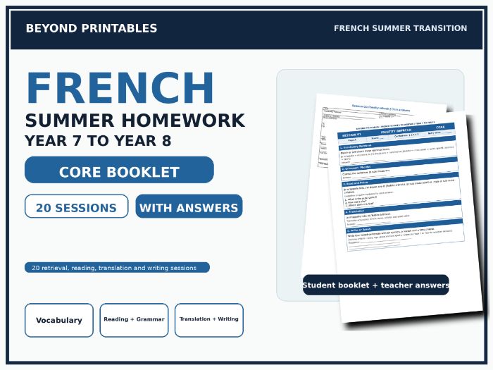 French Summer Homework Booklet Year 7 to Year 8 Core with Answers
