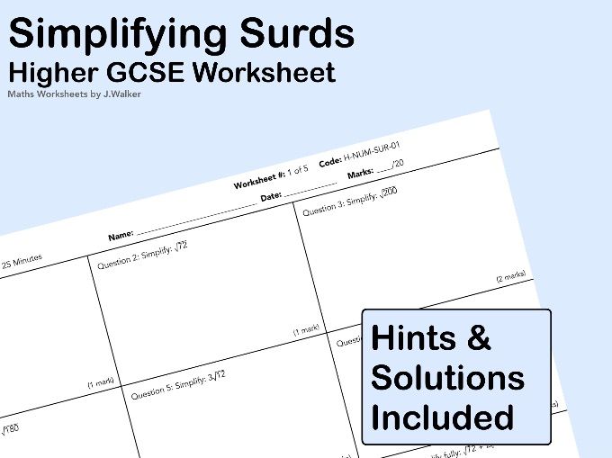GCSE Maths Worksheet: Simplifying Surds - Higher Tier