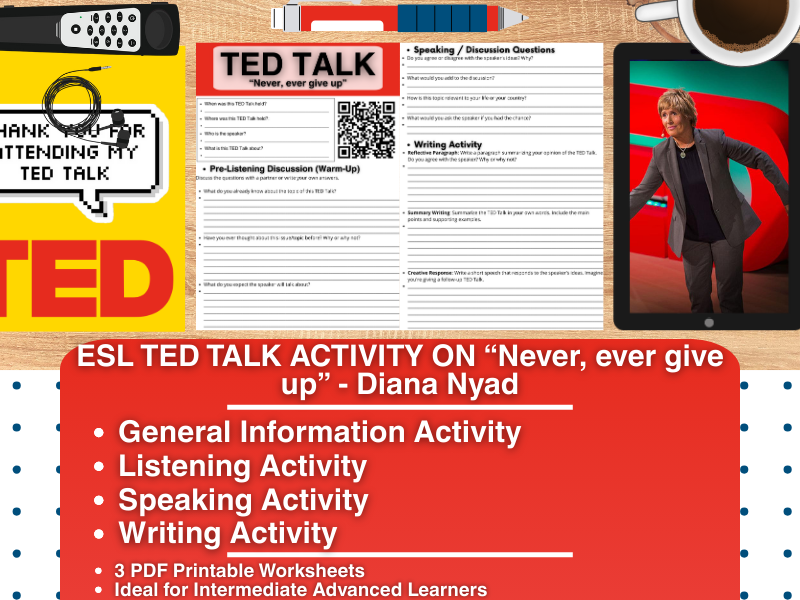 ESL TED Talk Activity Worksheets - Never, ever give up - Diana Nyad