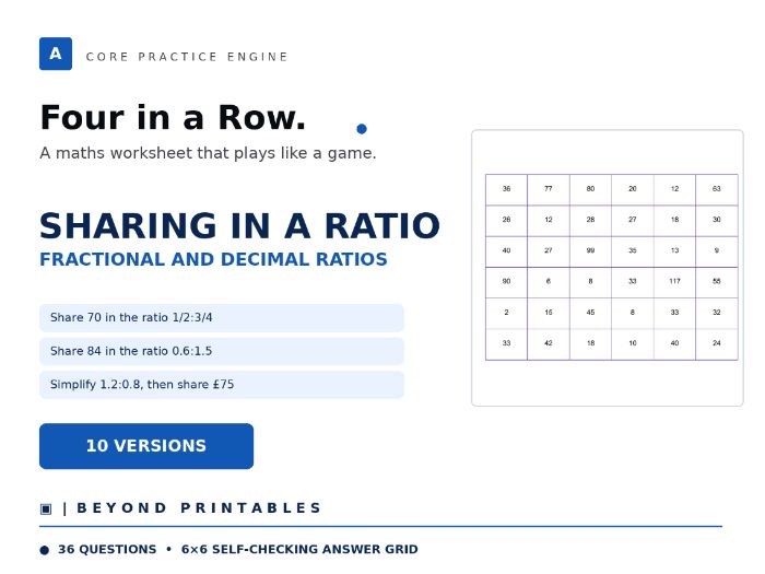Sharing in a Ratio Four in a Row | Fractional and Decimal Ratios | Level 20 | 10 Maths Games