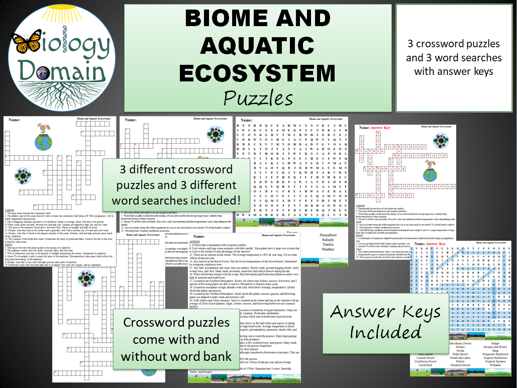 Biome and Aquatic Ecosystems Crossword and Word Search | Teaching Resources