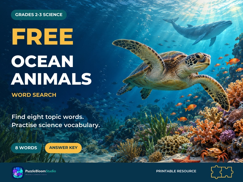 FREE Ocean Animals Word Search | Grades 2-3 Science
