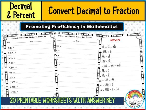 Convert Decimal to Fraction Worksheets | Math Conversion Practice