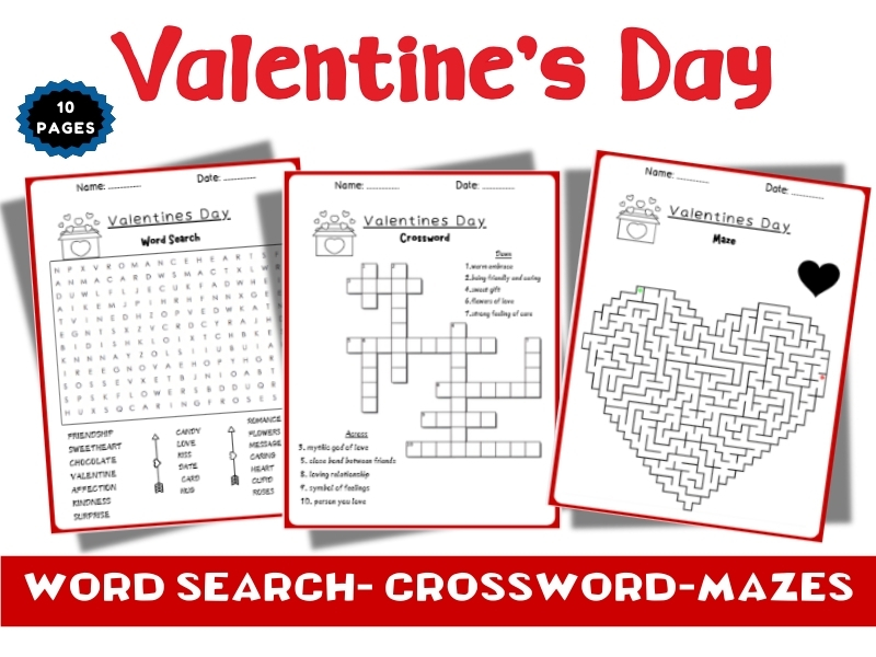 Valentine’s Day Word Search- Crossword-Mazes Activity