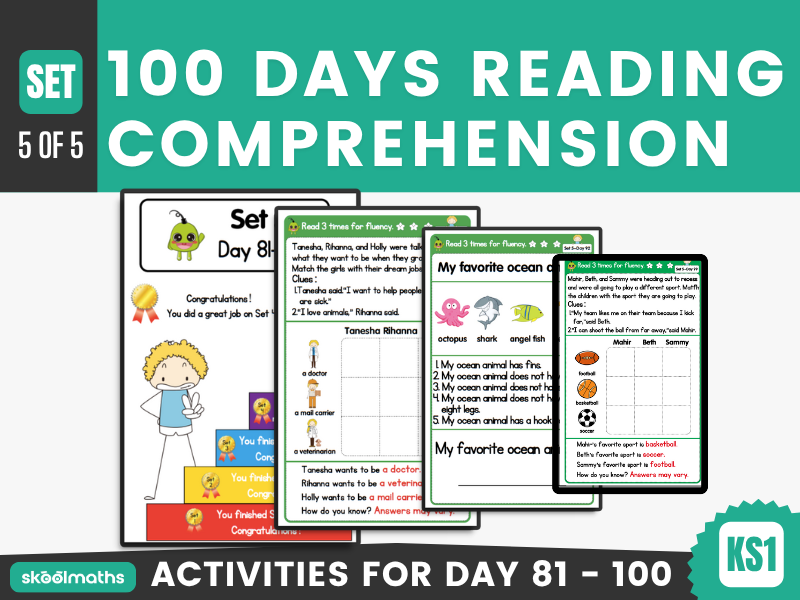 100 Days Reading Comprehension Worksheets (SET 5) for KS1 Literacy