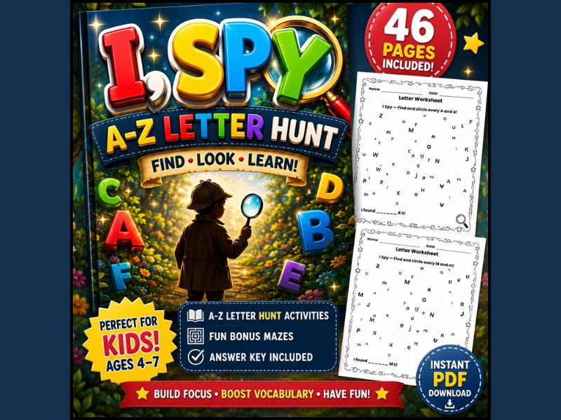 I, Spy Letter A-Z Letter Hunt Workbook for Kindergarten & 1st Grade Alphabet Search Activities