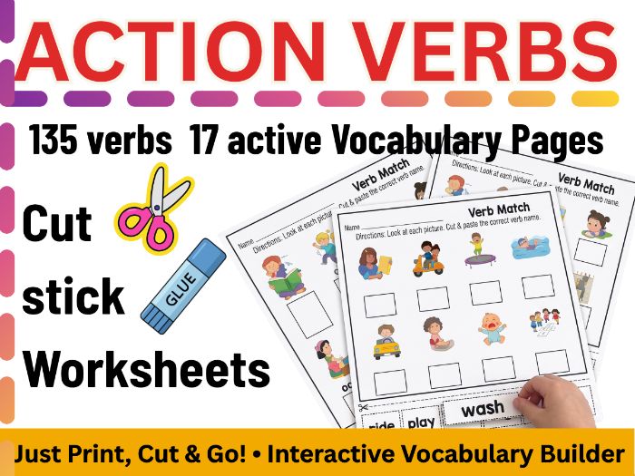 Action Verbs Cut and Stick Matching Worksheets | EYFS, KS1 & SEND (135+ Words)