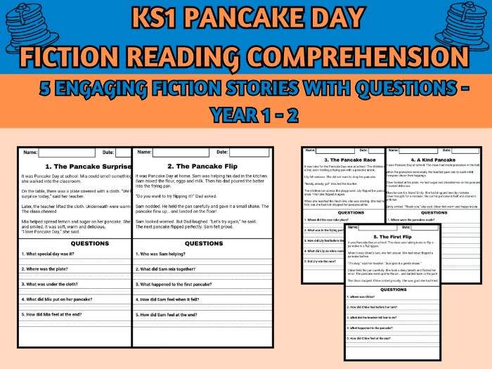 KS1 Pancake Day Fiction Comprehension Worksheets | Shrove Tuesday Stories & Questions - No-prep