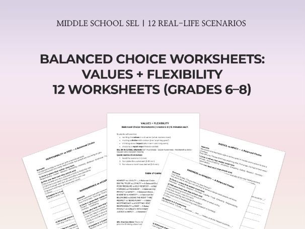 Middle School SEL Worksheets | Values & Decision-Making Scenarios No-Prep 15-Min