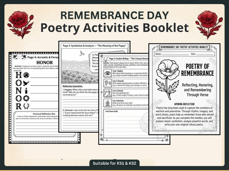 Remembrance Day Poetry Activities Booklet | KS2 Poppy Poems, Symbolism & Creative Writing