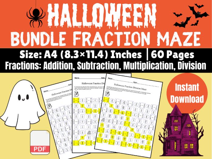 Printable Halloween Fraction Mazes Math Worksheets for 5th Grade – Digital PDF Bundle of 30 Fraction