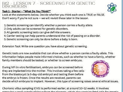 B12/L7 - Screening for Genetic Disorders Lesson Worksheet With Answers/GCSE /AQA/Combined Science