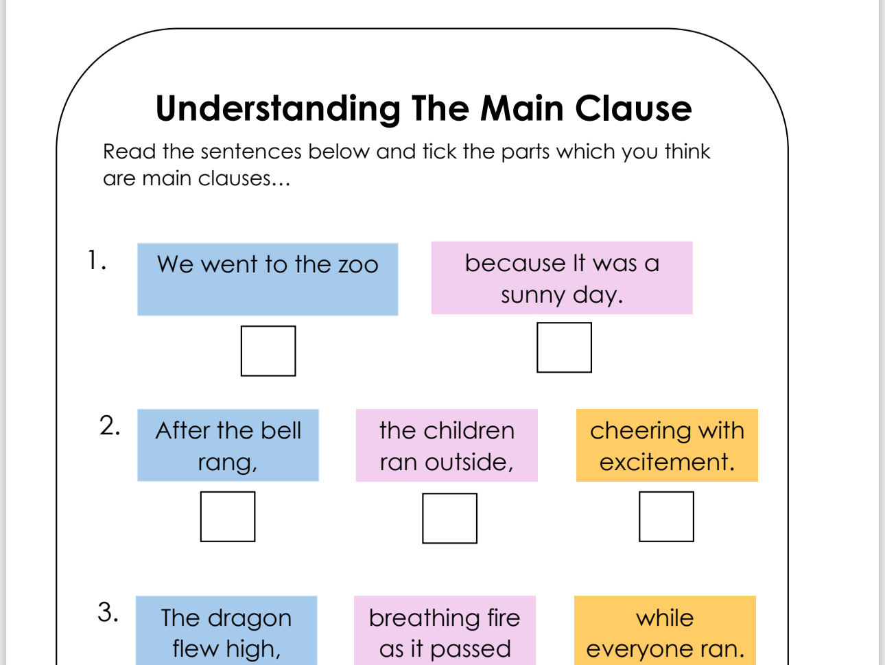 Main/Independent, Subbordinate/Dependent and Relative clause