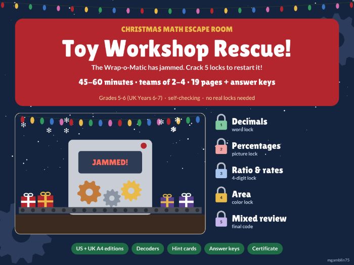 Christmas Math Escape Room | Decimals, Percent, Ratio & Area | Grades 5-6 | KS2 KS3 Maths