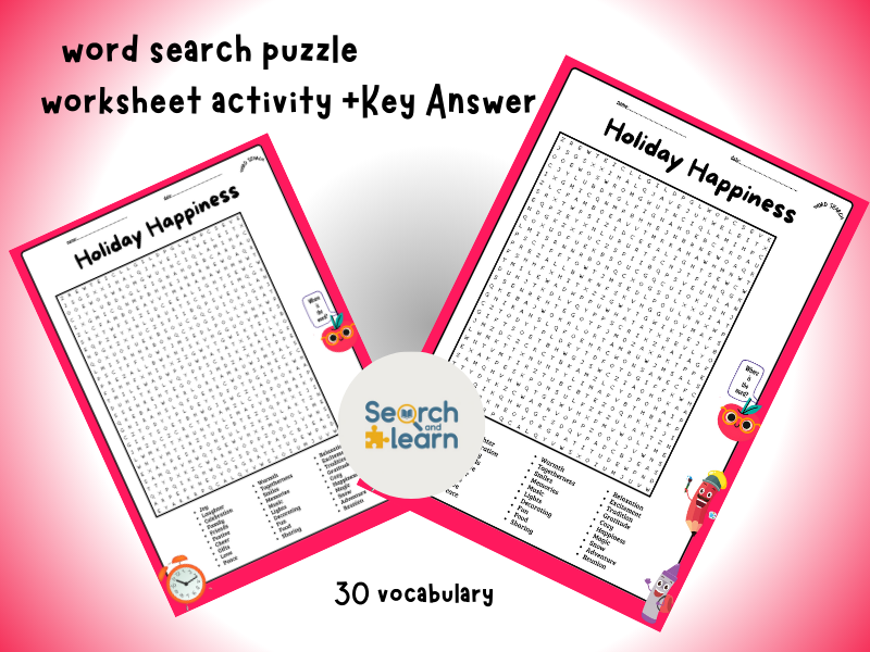 Holiday Happiness Word Search Puzzle Worksheet + Answer Key