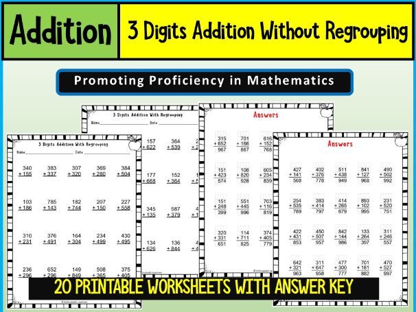 3 Digits Addition Without Regrouping Math Worksheets Problems