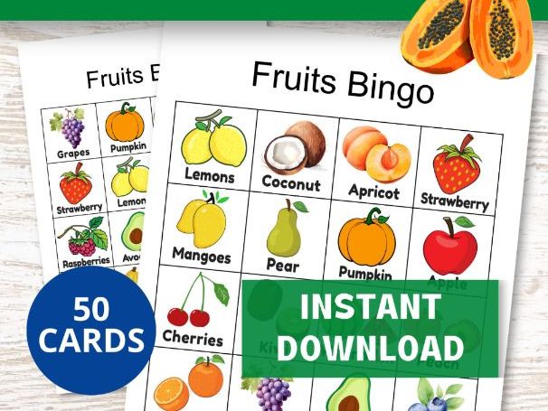 Fruits Bingo Game, 50 Classroom Bingo Cards
