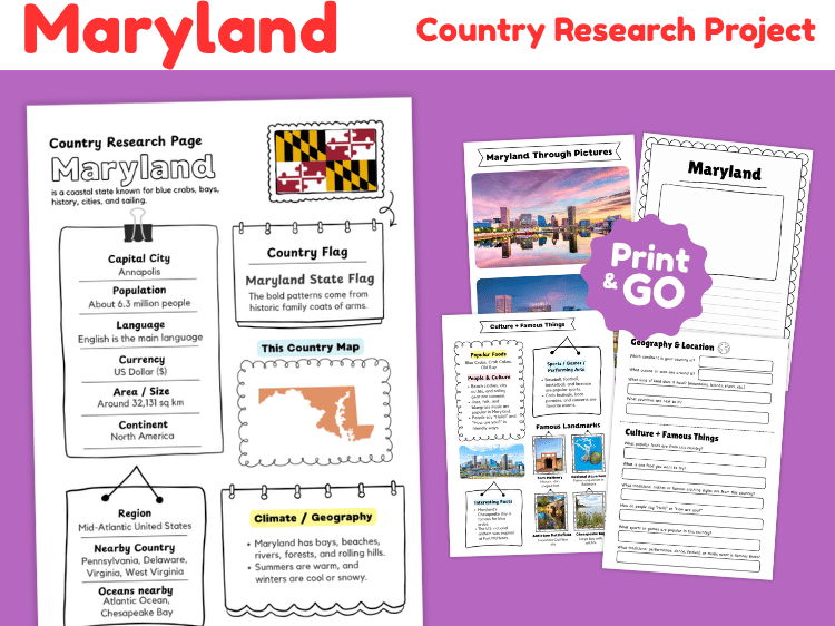 Maryland State Research Project | US Geography & State Study Worksheets