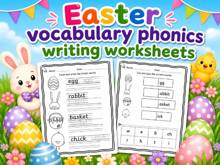 Easter vocabulary phonics writing worksheets - 6 activities