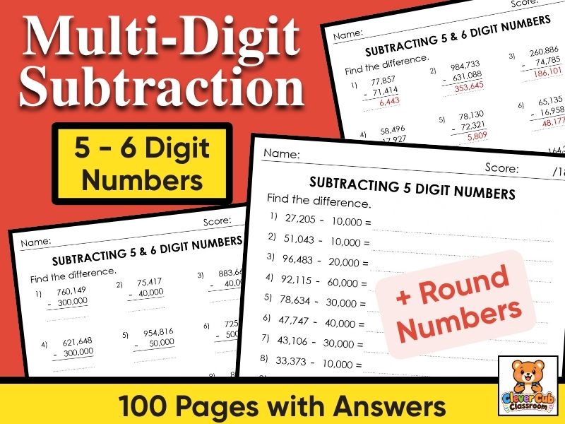 Subtracting 5 and 6 Digit Numbers Worksheets | Round Numbers & Large Number Subtraction