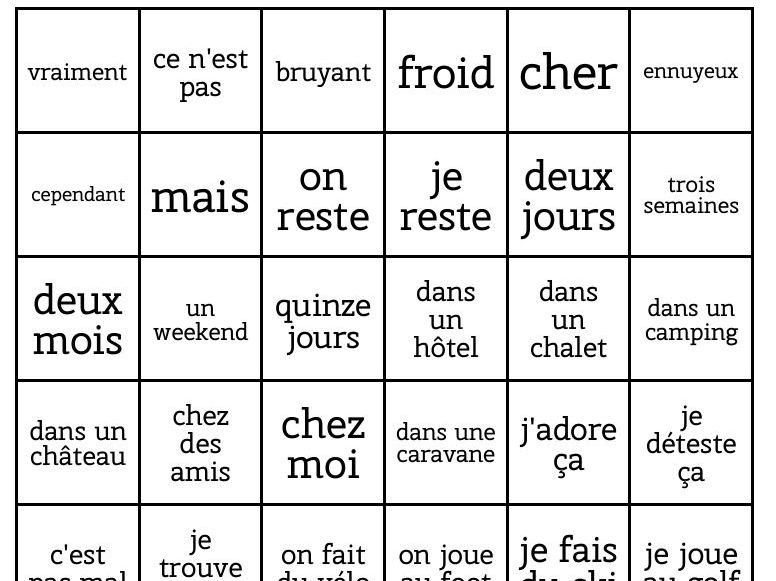 Bingo - French - les vacances (present tense only)