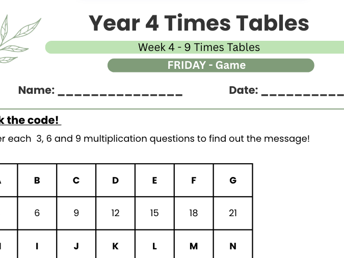 Year 4 Times Table Practise Week 4- 9x| 5-day Practise, game and test