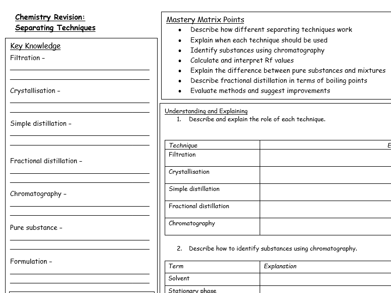 GCSE OCR Gateway A  Separating techniques revision mat and exam question