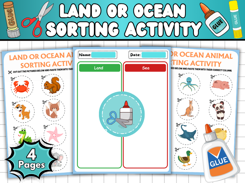 Land or Ocean Animal Sorting Activity-Animal Cut and Paste Activities for Kids-EYFS and KS1