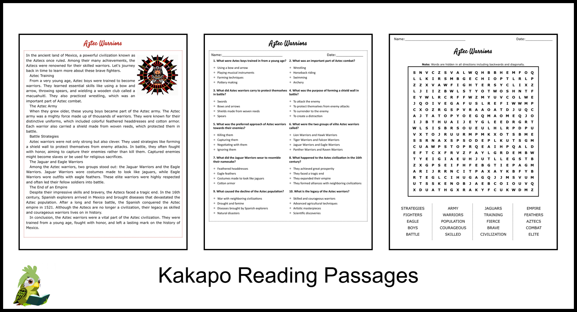 Aztec Warriors Reading Comprehension and Word Search | Teaching Resources