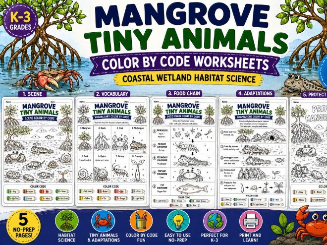 Mangrove Tiny Animals Color by Code Worksheets | Coastal Wetland Habitat Science
