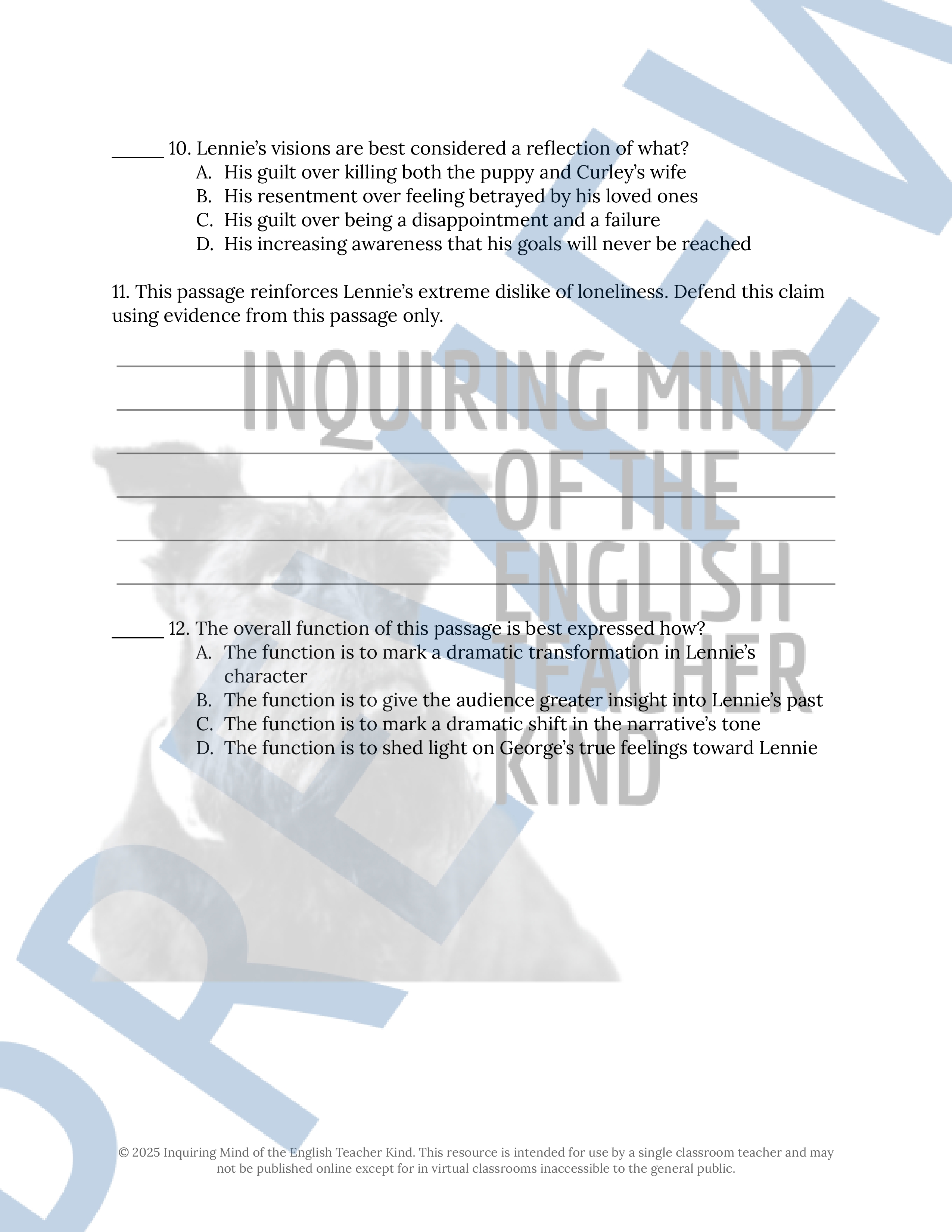 Of Mice and Men Chapter 6 Novel Analysis Worksheet | Close Reading ...