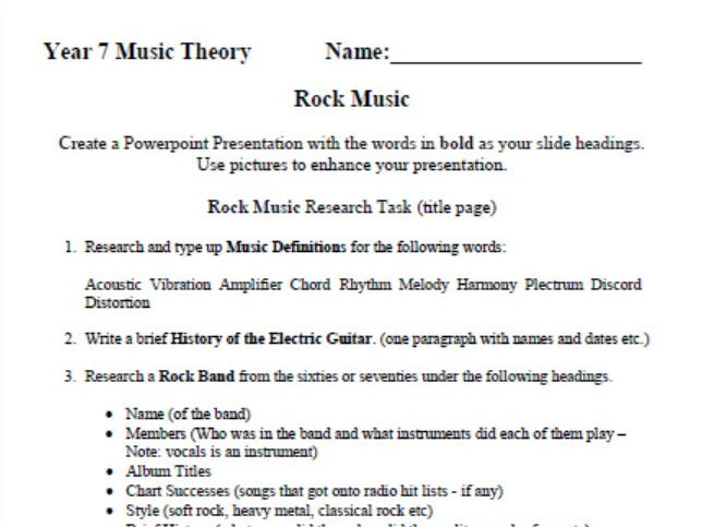 Rock Music Research Task - Years 7 or 8