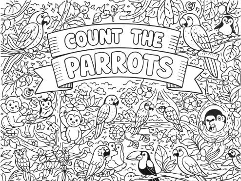 Count the Parrots Colouring Page Jungle Scene