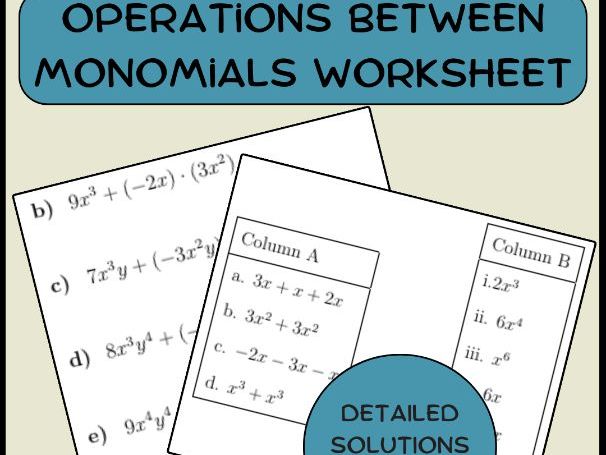 Operations between monomials worksheet (with solutions)